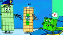 a cartoon of a police officer , a doctor , and a green cube .