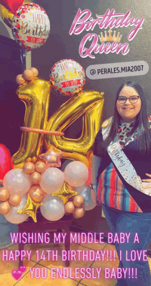 a woman is standing in front of a birthday balloon display