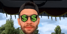 a man wearing sunglasses with a dollar sign on them