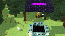 a minecraft scene with a purple portal and a white dog