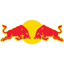 a red bull is jumping in front of a yellow circle .