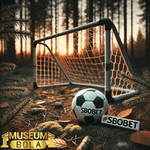 a soccer ball with the word sbobet on it sits in front of a soccer goal