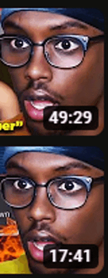 a close up of a man 's face with glasses and a time of 49:29