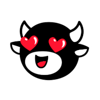 a cartoon bull with horns and heart shaped eyes is in love .