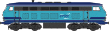 a blue train with the word terxx on the side of it