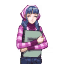 a pixel art drawing of a girl with blue hair holding a book .