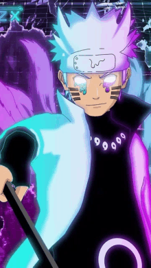 a purple and blue anime character with a necklace of numbers