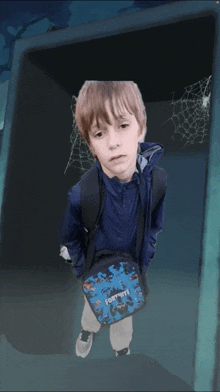 a boy wearing a blue jacket and carrying a blue fortnite bag