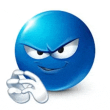 a blue smiley face is making a rude gesture with his hands .