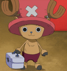 tony tony chopper from one piece is holding a small white box