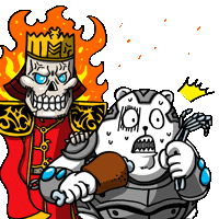 a cartoon of a skeleton king and a bear holding a piece of meat