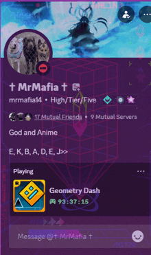 mrmafia is playing geometry dash and has 17 mutual friends and 9 mutual servers