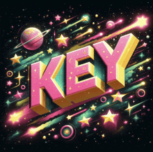 the word key is surrounded by stars and planets on a black background