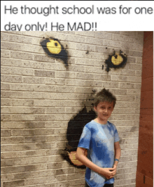 a boy is standing in front of a brick wall with a painting of a tiger 's eyes on it