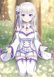 a girl with white hair and purple knee high socks sits in the grass