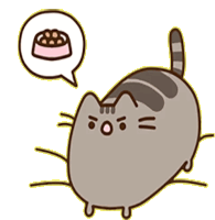 a cartoon cat with a bowl of food in a speech bubble behind it