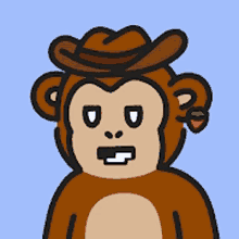 a cartoon monkey wearing a cowboy hat and a strawberry in his ear