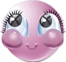 a close up of a pink smiley face with big eyes and lashes .