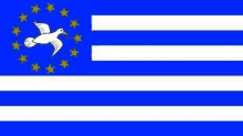 a blue and white flag with a dove in the middle of it surrounded by stars .