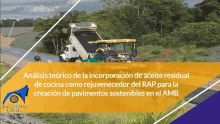 a yellow and purple advertisement for ingenieria civil shows a truck dumping dirt on a road