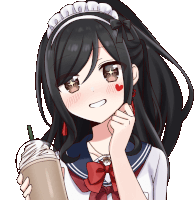 a girl with a maid headband is holding a drink