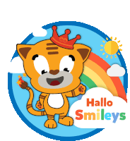 a cartoon cat with a crown on his head and the words hallo smileys below him