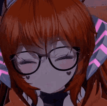 a close up of a anime girl wearing glasses and headphones with her eyes closed .