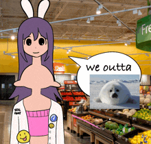 a cartoon of a girl in a store with a speech bubble that says " we outta "