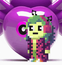 a pixel art character is standing in front of a large purple heart with the letter c on it