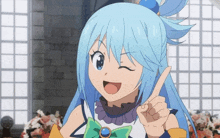 a cartoon girl with blue hair is pointing up with her finger