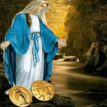 a painting of the virgin mary standing next to a river .