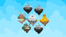 a pixel art illustration of floating islands with buildings and treasure