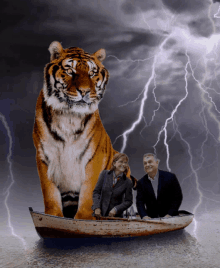 a man and a woman are in a boat with a tiger behind them