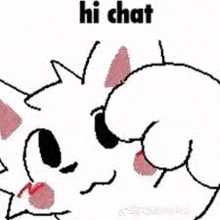 a white cat with red ears is laying down with the words `` hi chat '' written above it .