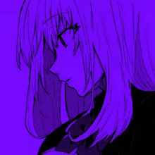 a purple anime girl with long purple hair and a black jacket is looking down .