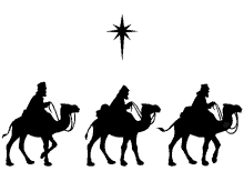 the three wise men are riding camels under a star .