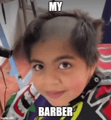 a young boy is getting his hair cut by a barber and the caption reads `` my barber '' .