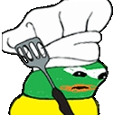 a frog wearing a chef 's hat is holding a spatula .