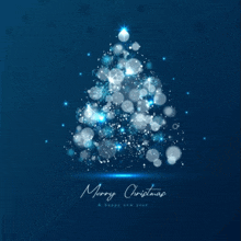 a blue background with a christmas tree and the words merry christmas and happy new year