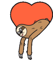 a cartoon sloth is hanging upside down with a heart on its back