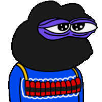 a cartoon of a black frog with purple eyes wearing a blue sweater