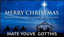 a merry christmas greeting card with a nativity scene