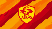 a logo for aucas is on a red and yellow striped background