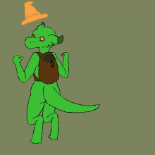 a drawing of a green lizard with a backpack and a wizard hat on its head