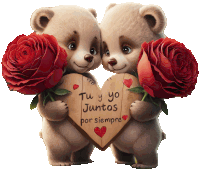 two teddy bears holding red roses and a heart that says tu y yo juntos por siempre