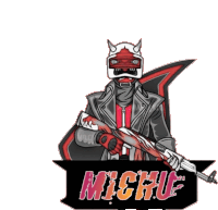 a logo for michue shows a man with horns holding a rifle