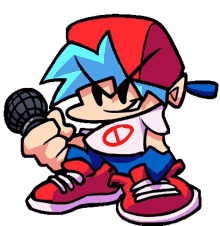 a cartoon boy is holding a microphone and wearing a hat .