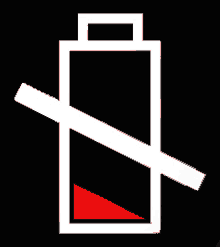 a black and white icon of a battery with a red triangle on the bottom