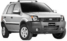 a silver ford ecosport with a roof rack on top of it on a white background .