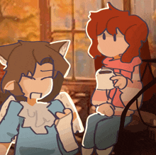 a cartoon drawing of a girl holding a piece of paper and a boy holding a cup of coffee